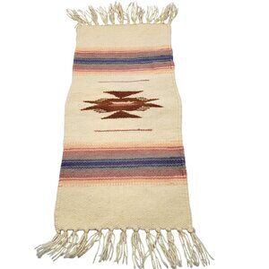 Vtg Hand Woven Southwestern Style Doll House Small Rug Fringe Accents 23" x 9"
